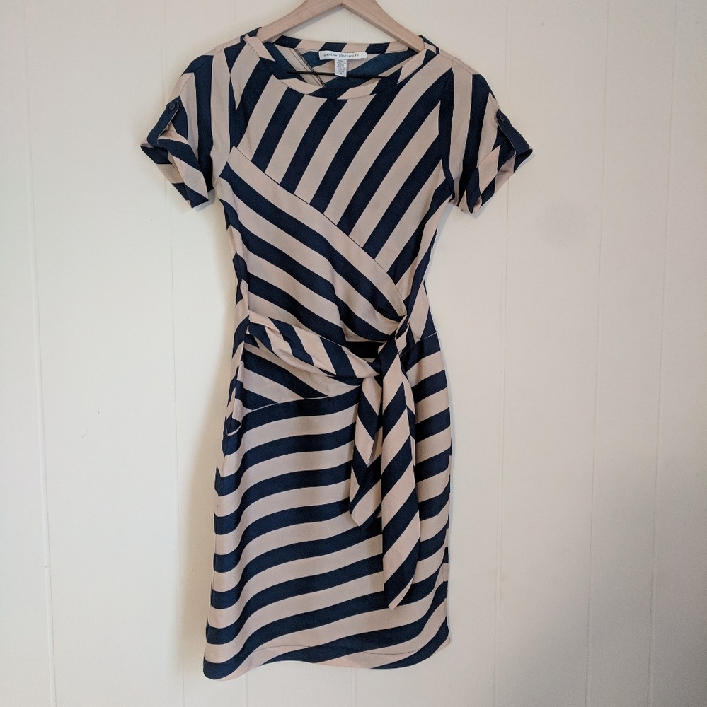 Navy Tan Boatneck Stripe Side Tie Faux Wrap Dress